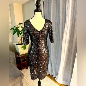 BCBGMaxAzria Black Sequin Bodycon Midi Dress